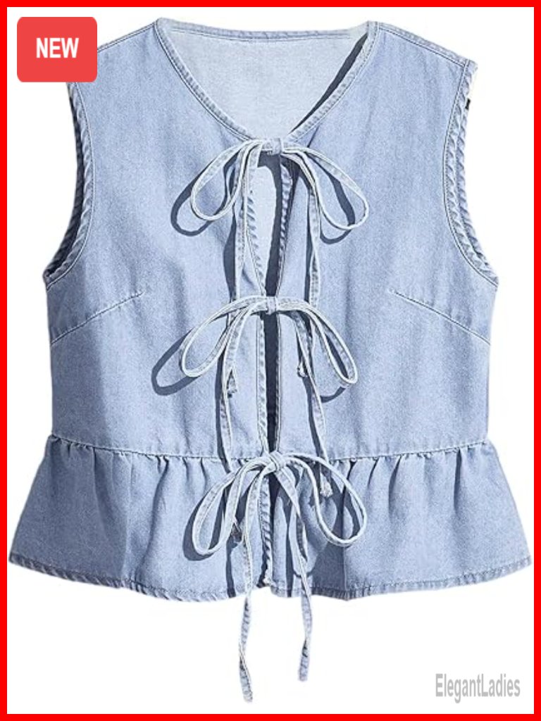 Sleeveless Denim Vest Top Tie Front Peplum Jean Waistcoat